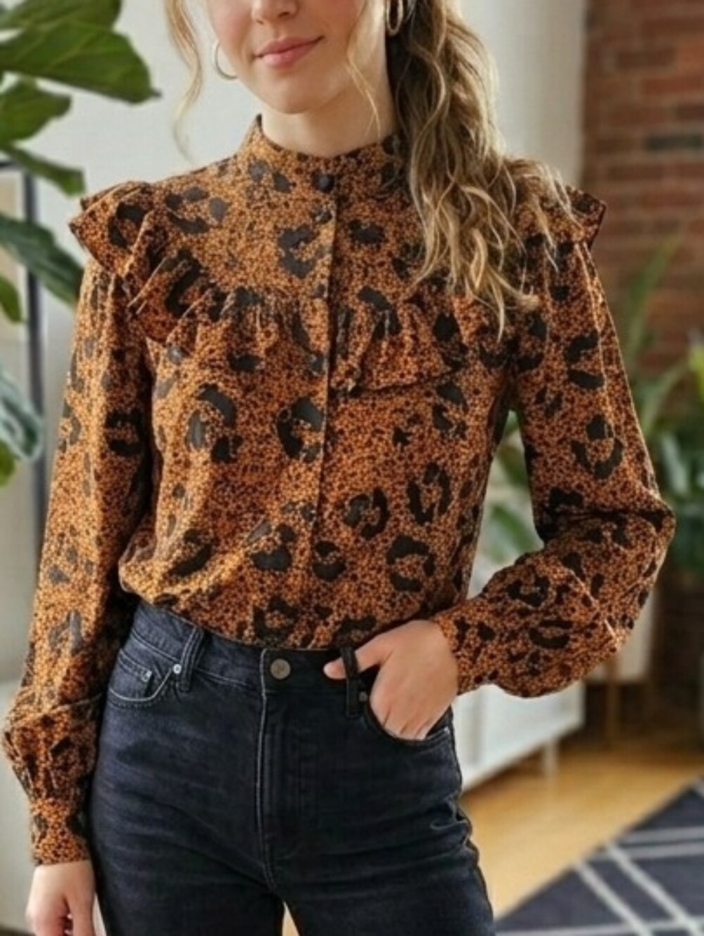 NEVER WORN Topshop Mustard Brown Ruffle Details Blouse Top Sz 10